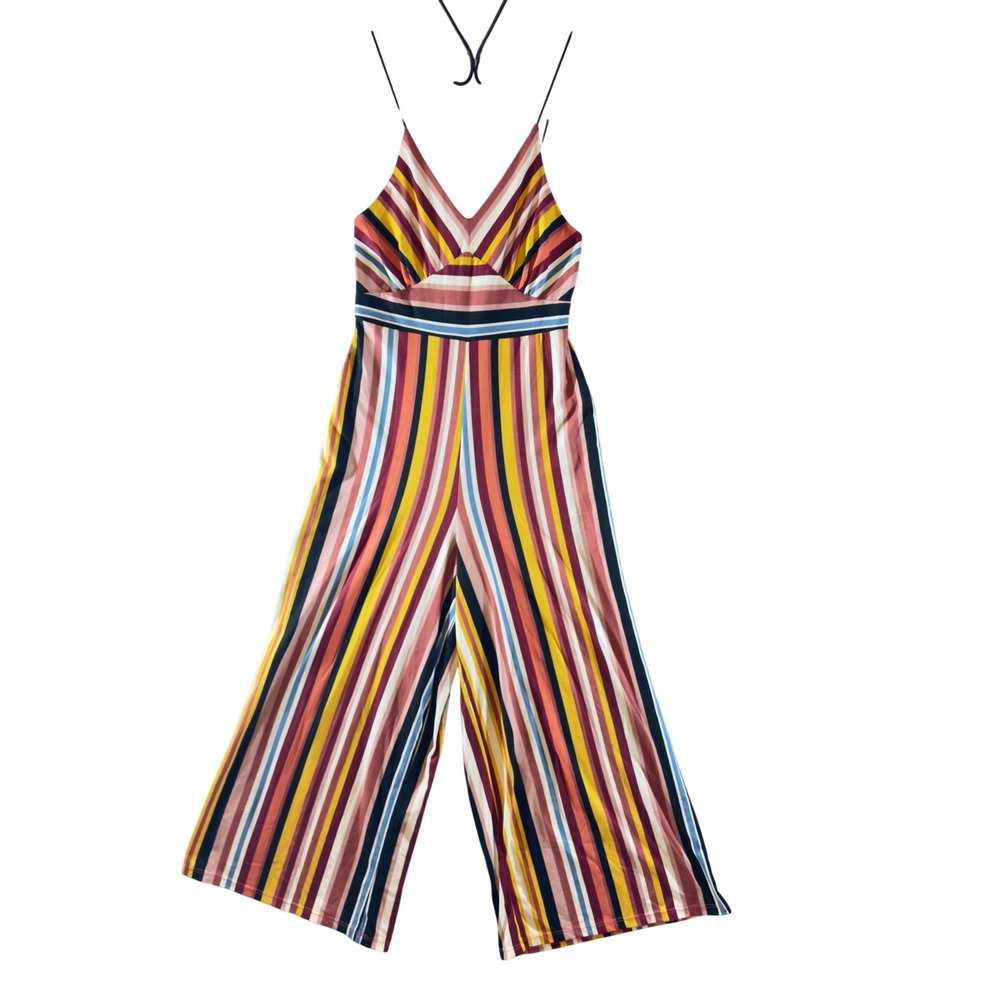 567 | Polly & Esther Striped Wide Leg Jumpsuit Cropped Palazzo Womens XS Boho